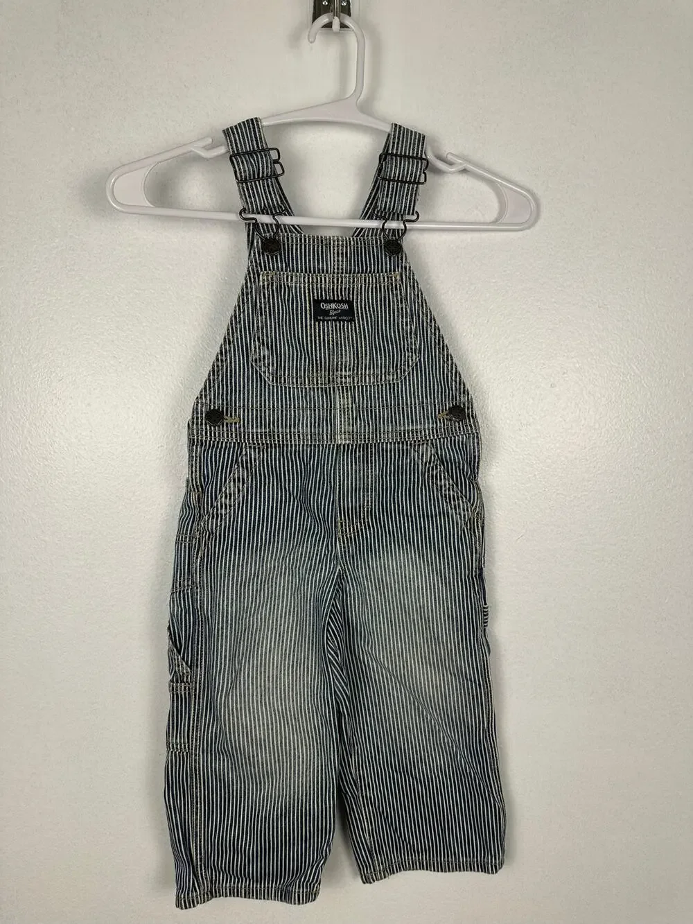 OshKosh B'gosh boy's blue and white striped denim railroad engineer overalls 2T